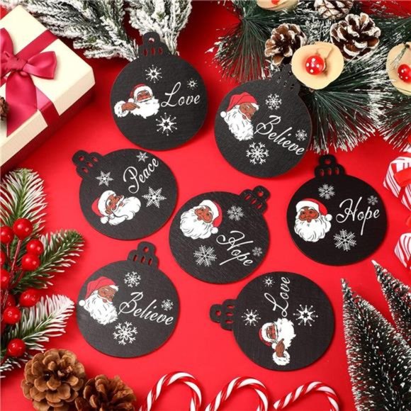 African American Christmas Tree Ornament Wooden Black Santa (Black,12 Pcs) - Picture 4 of 7